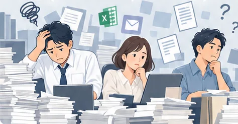 書類の山に囲まれ、社員が悩みながら作業しているイラスト