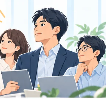 前を向いて話し合う社員のイラスト