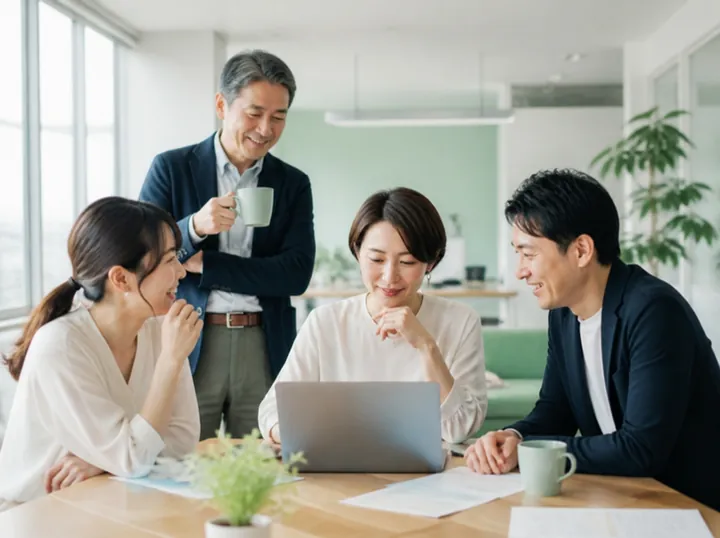 明るい職場で、AIが作った下書きを社員が確かめ、周りの同僚と上司が笑顔で話している