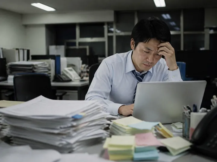 夜のオフィスで、書類の山に囲まれた社員が一人で頭を抱えながらパソコンに向かっている