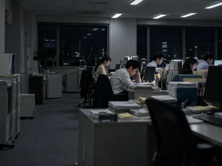 導入前：夜のオフィスで、書類と付箋が積まれた机に、社員たちが会話もなく一人ずつ向かっている。頭を抱えている人もいる