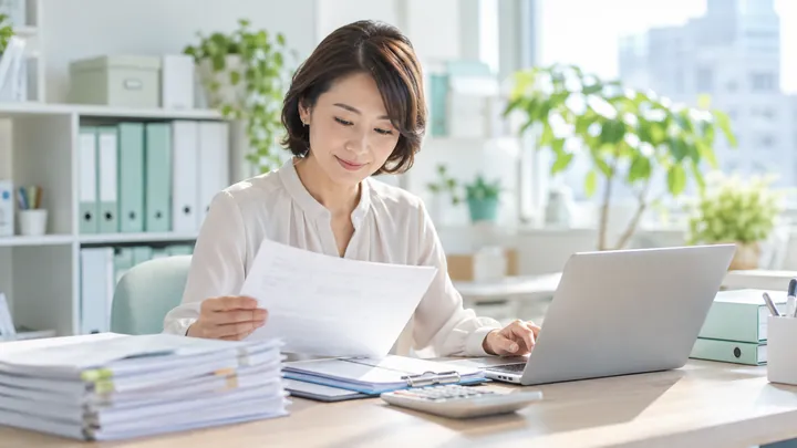 経理担当が、請求書の束とノートパソコンを前に落ち着いて確認している