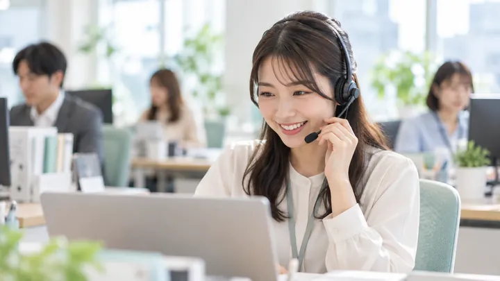 問い合わせ担当がヘッドセットを付け、ノートパソコンを見ながら笑顔で電話に答えている