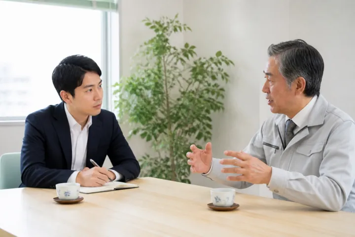 会社の応接室で、作業着の社長の話を、担当者がメモを取りながら聞いている
